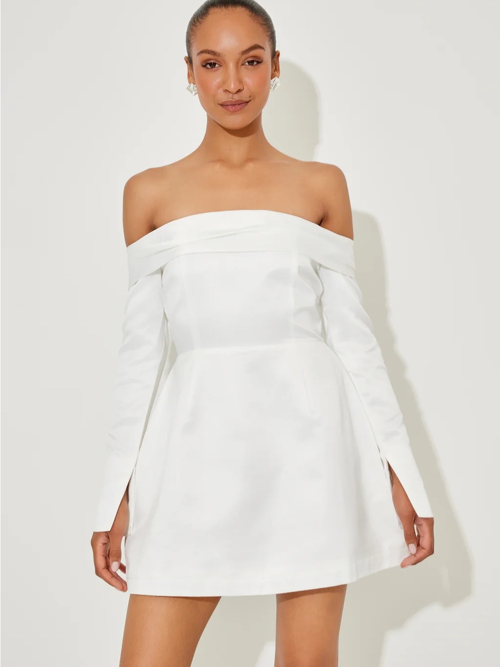 Off-the-Shoulder Long-Sleeve White Mini Dress
